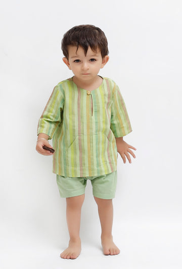 Set Of 2: Green Striped Shirt and Green shorts